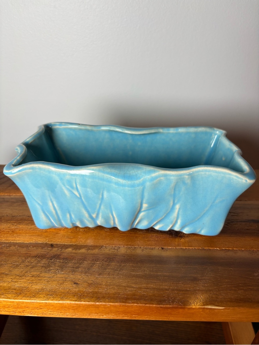 Vintage McCoy Glossy Blue Glaze scalloped wavy rectangular planter